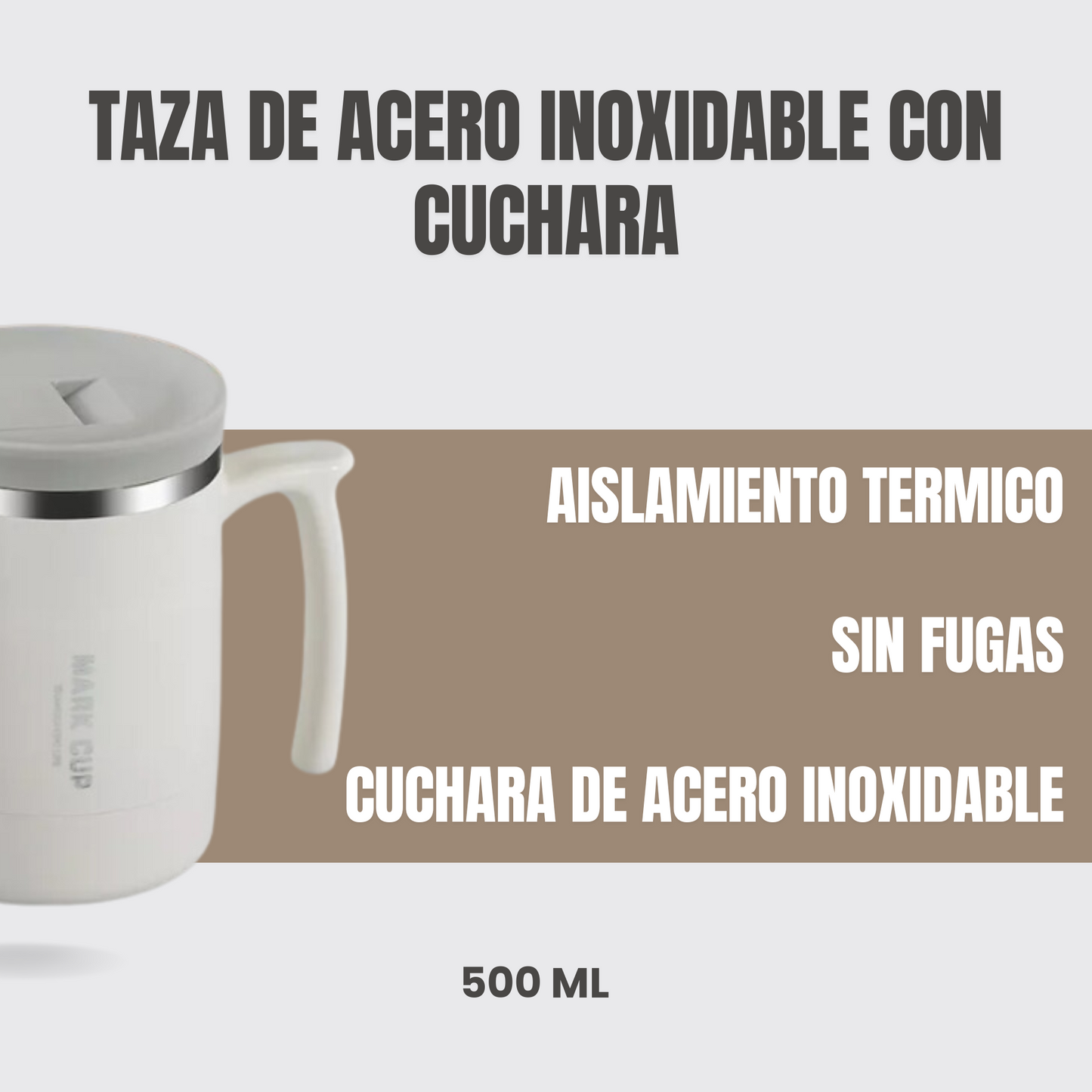 Taza blanca con cuchara de acero inoxidable